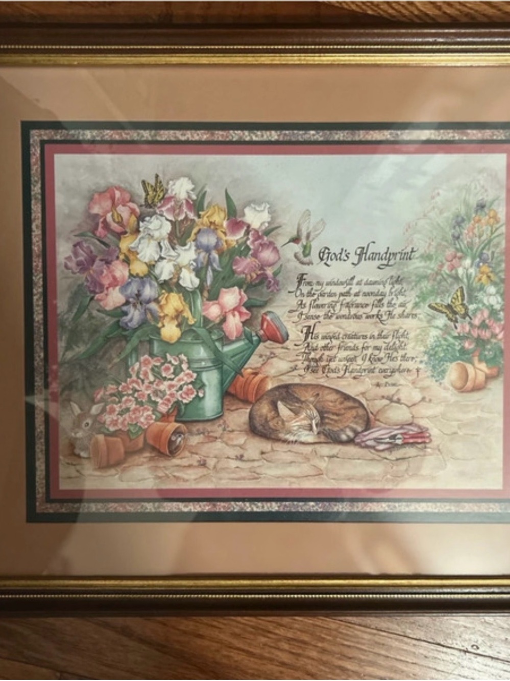 Home Interiors Floral & Cat Print in Pink, Green, Yellow, Purple, Cream